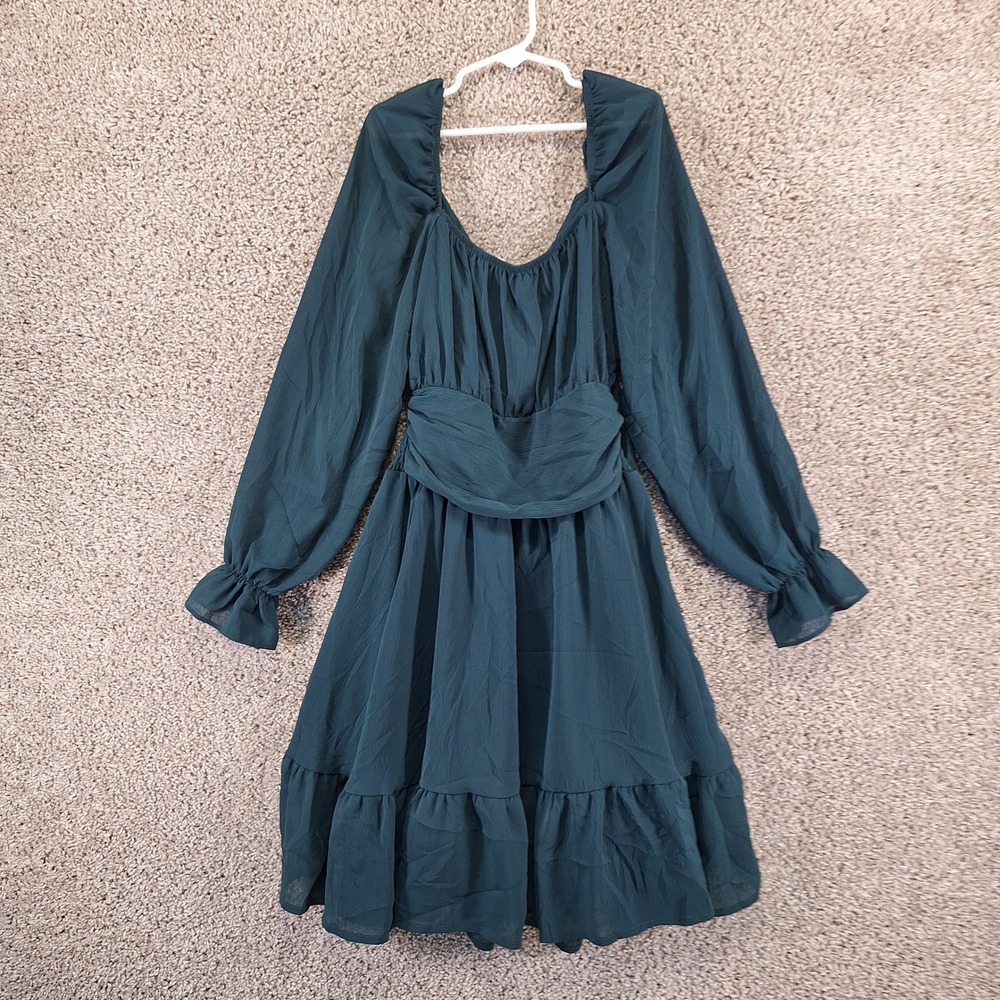 Exlura Dress Women XS Green Puff Sleeve Tie Back Ruffle Hem Boho Femine NWT